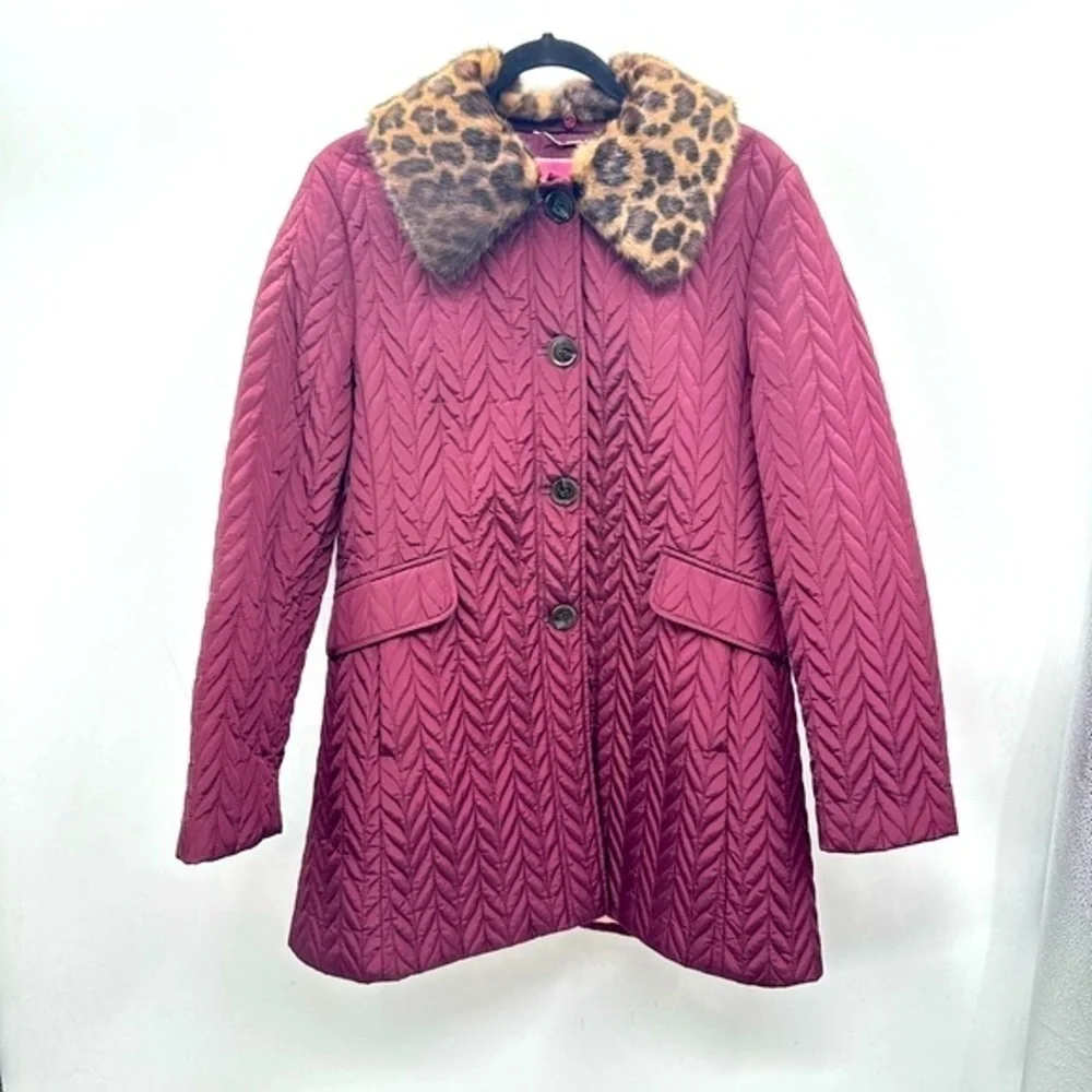KATE SPADE L CHEVRON Leopard print Faux Fur removable collar QUILTED jacket